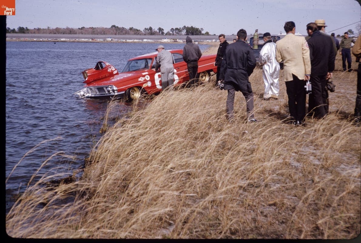 Bay Darnell's Ford Galaxie in Lake Lloyd, Daytona International Speedway, February 8, 1964