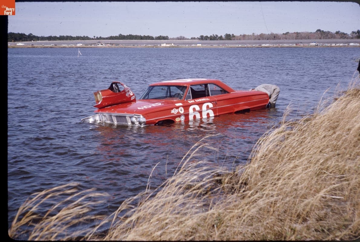 Bay Darnell's Ford Galaxie in Lake Lloyd, Daytona International Speedway, February 8, 1964