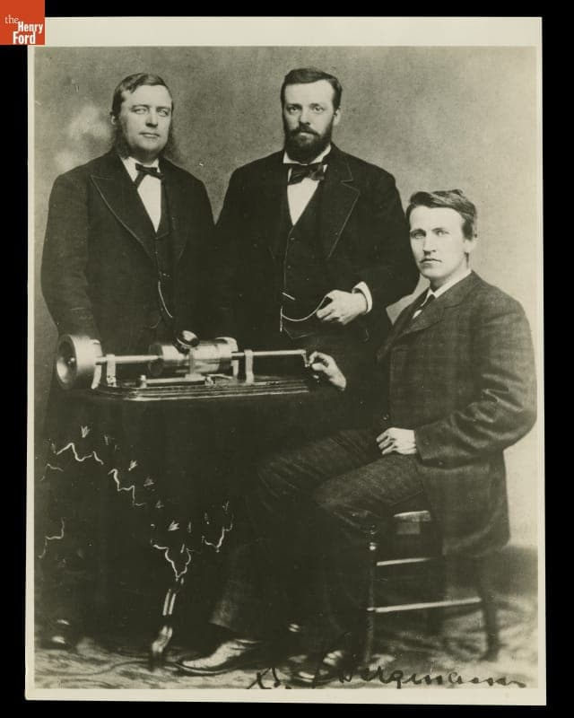 Thomas Edison, Charles Batchelor, and Uriah Painter with Edison's Phonograph, April 18, 1878
