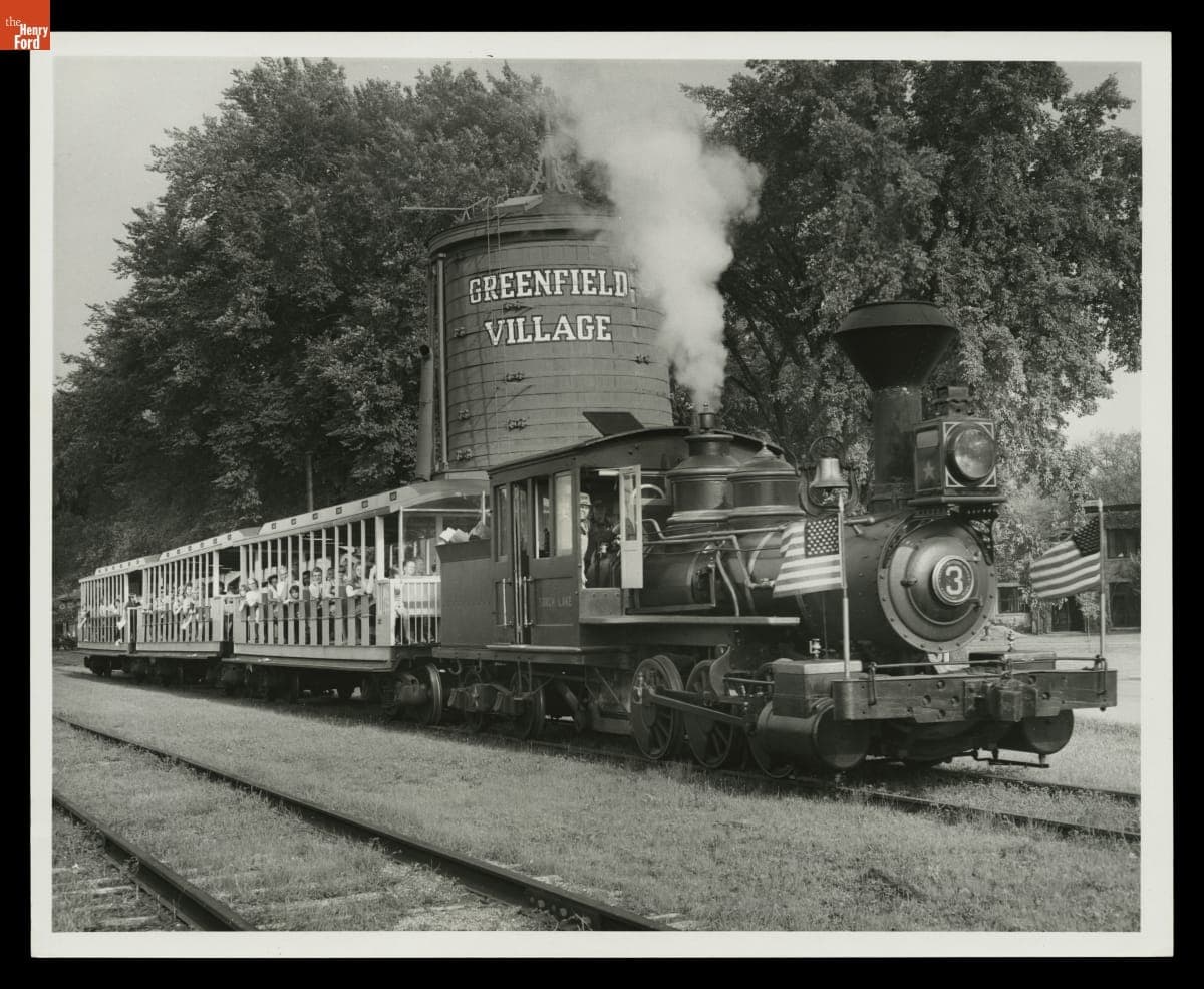 Torch Lake Steam Locomotive Pulling Passenger Cars in Greenfield Village, August 1972