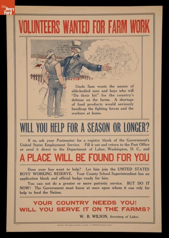 World War I Poster, "Volunteers Wanted for Farm Work," circa 1917
