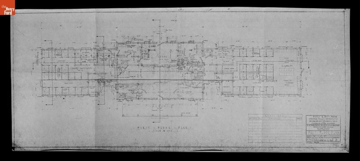 Plan for First Floor of Pools and Bath House in the Colonial Village Development for Dearborn Inn, April 1936
