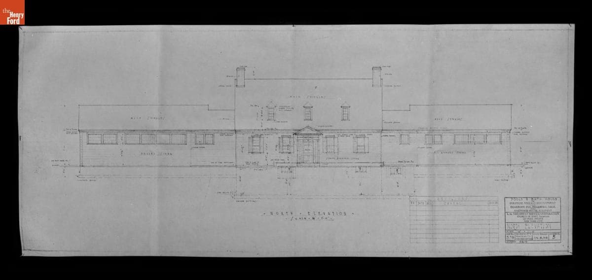 Plan for North Elevation of Pools and Bath House in the Colonial Village Development for Dearborn Inn, April 1936