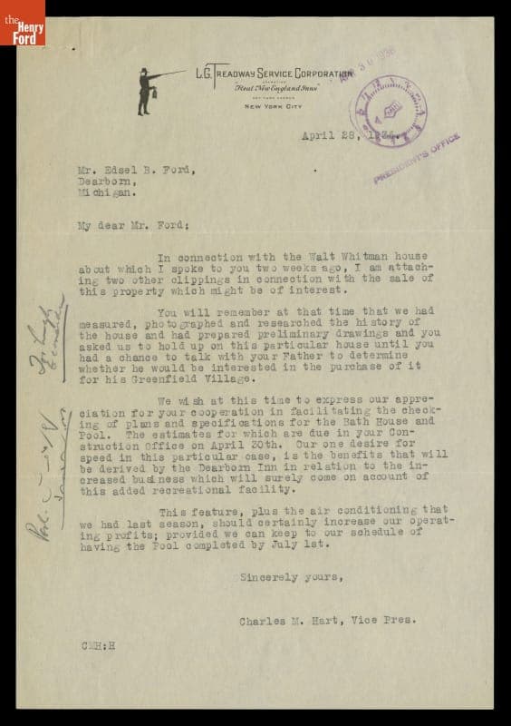 Letter from Charles Hart to Edsel Ford regarding Walt Whitman House, Pool and Bath House for Dearborn Inn, April 1936