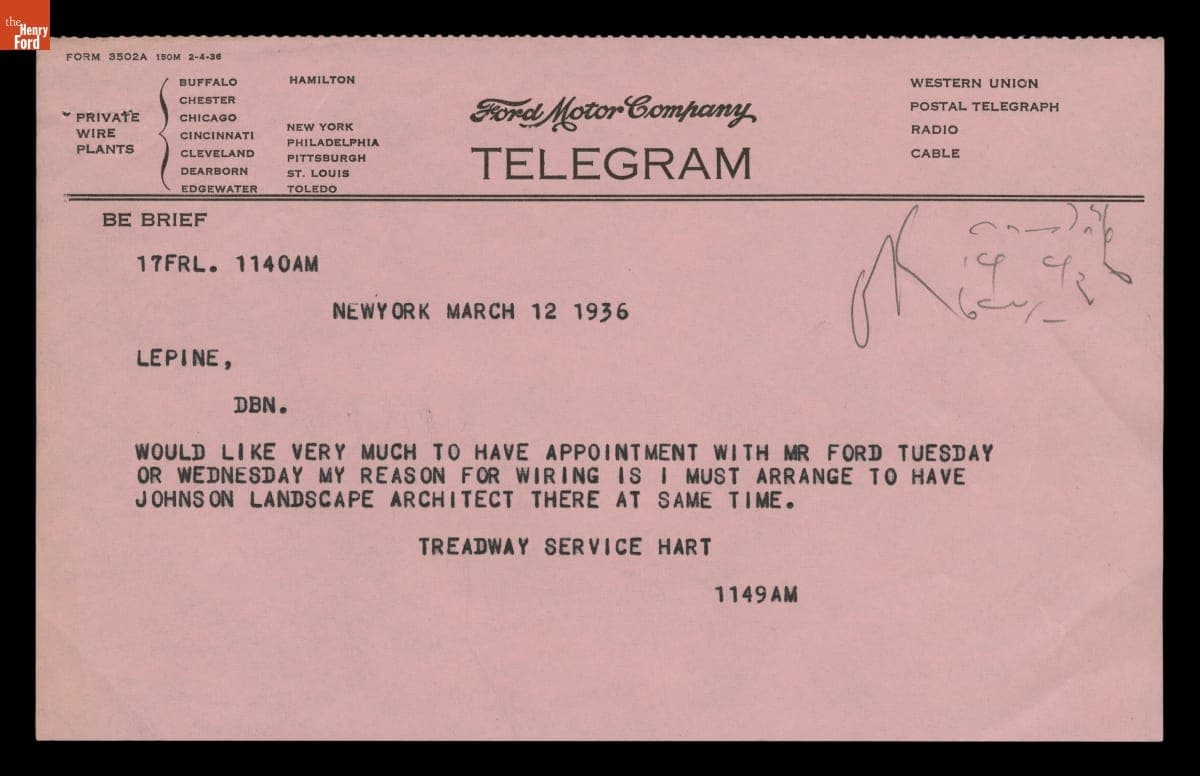 Telegram from Charles Hart to A. J. Lepine (for Edsel Ford) Arranging Meeting to Discuss Dearborn Inn Planning, March 12, 1936