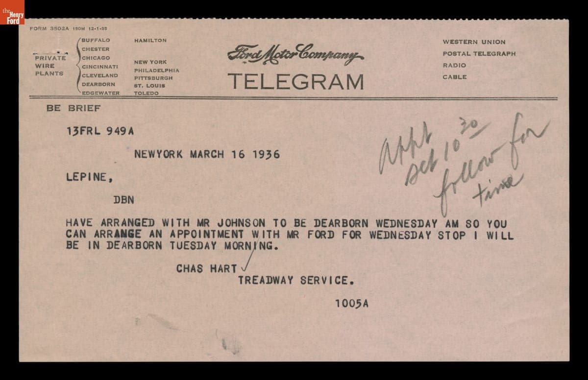 Telegram from Charles Hart to A. J. Lepine (for Edsel Ford) Confirming Meeting to Discuss Dearborn Inn Planning, March 16, 1936
