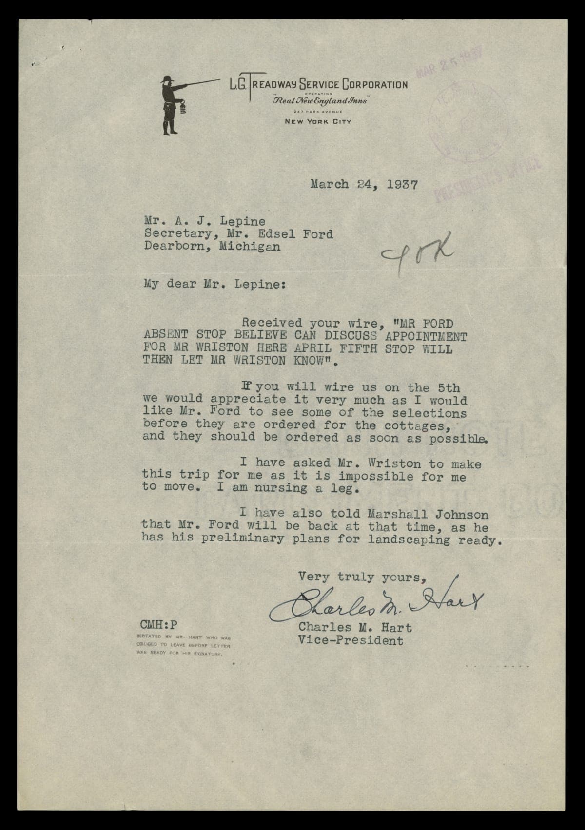 Letter from Charles Hart to A. J. Lepine (for Edsel Ford) Regarding Dearborn Inn Colonial Village, March 24, 1937