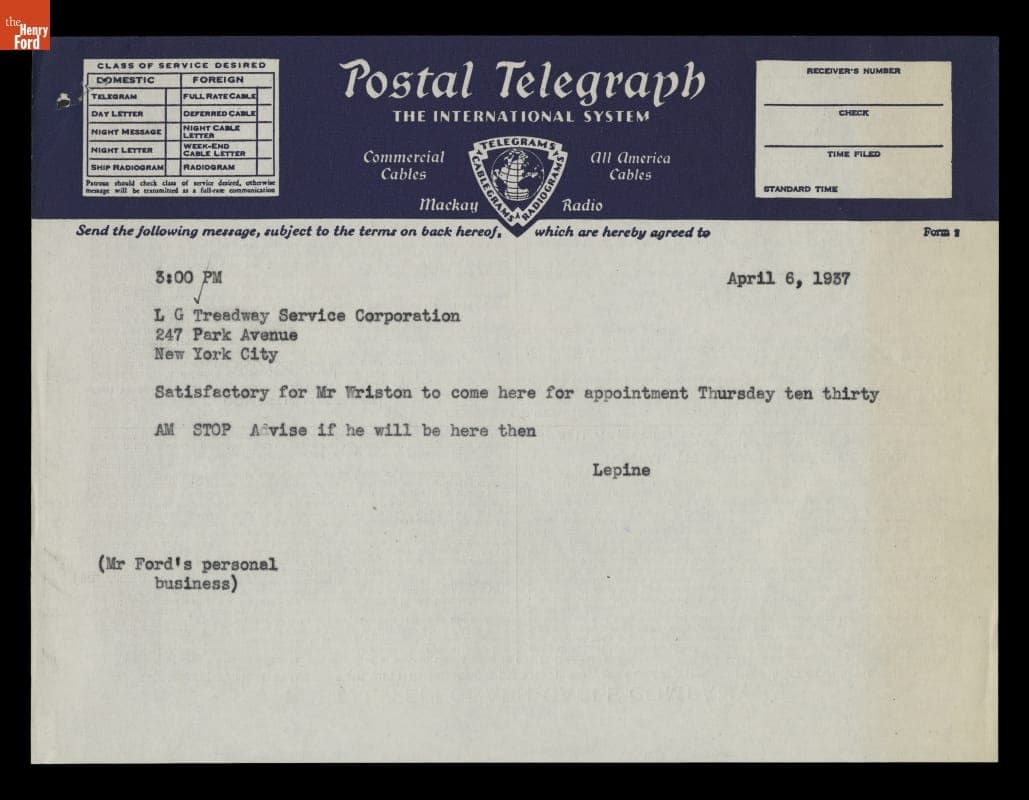 Telegram from A. J. Lepine (for Edsel Ford) to L. G. Treadway Serivice Arranging Meeting to Discuss Dearborn Inn Colonial Village, April 6, 1937