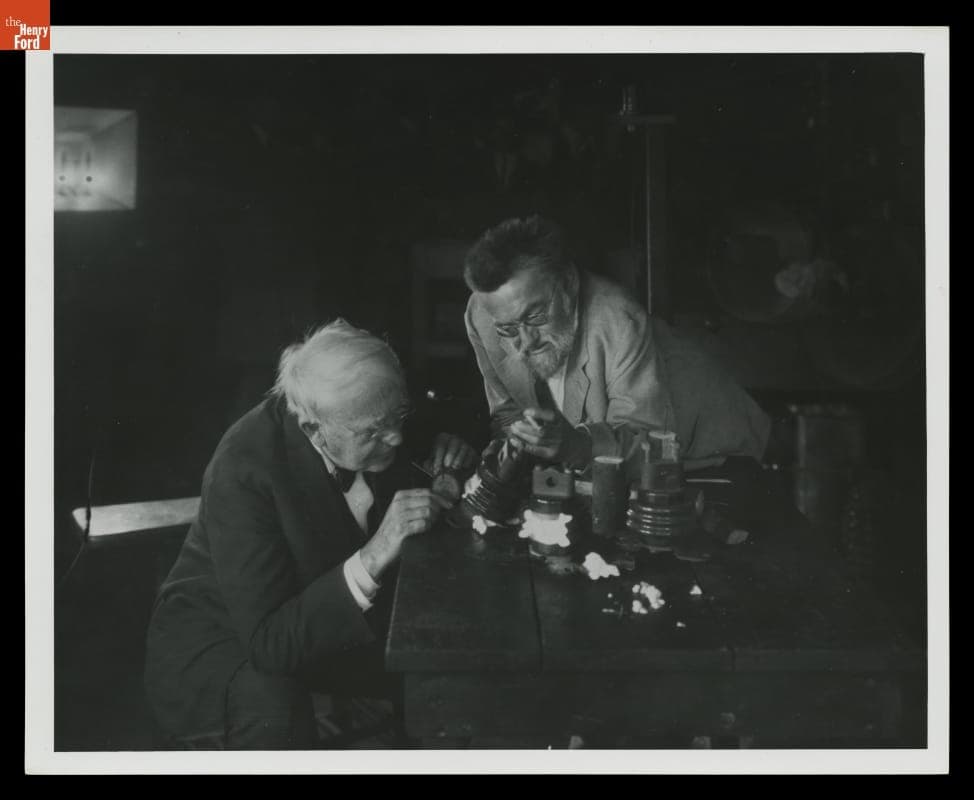 Thomas Edison and Charles Steinmetz Examining Porcelain Insulators Destroyed by Artificial Lightning, General Electric Research Laboratory, 1922