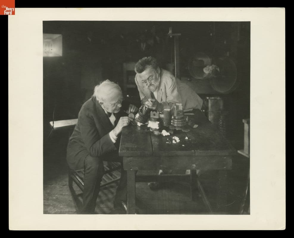 Thomas Edison and Charles Steinmetz Examining Porcelain Insulators Destroyed by Artificial Lightning, General Electric Research Laboratory, 1922