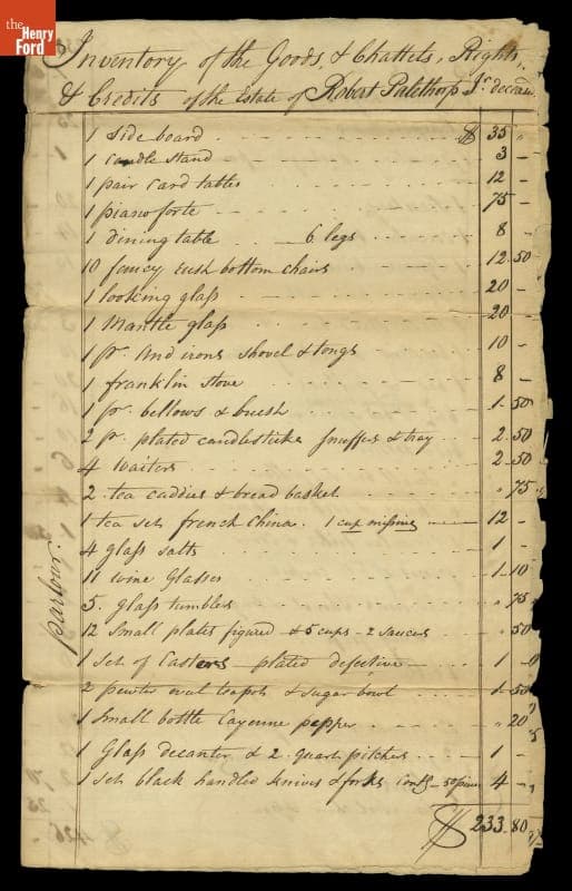 Estate Inventory of Pewterer Robert Palethorp Jr., April 18, 1822