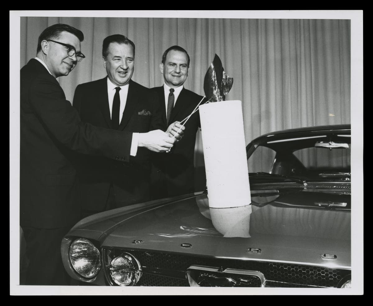 Donald Frey, Henry Ford II and Lee Iacocca at the New York World's Fair, First Anniversary of the Mustang, April 15, 1965