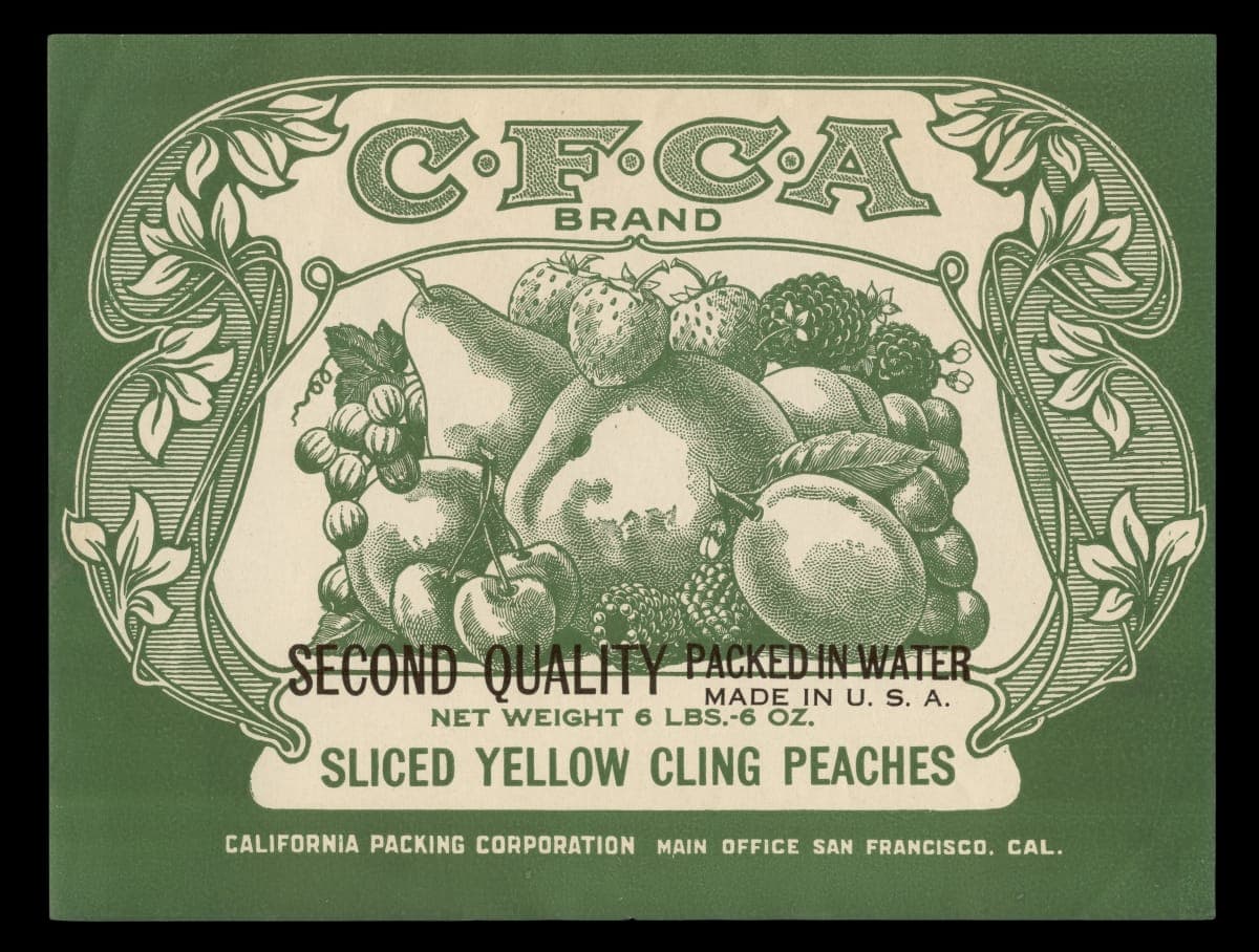 Crate Label, "C.F.C.A. Brand Sliced Yellow Cling Peaches," 1920-1930