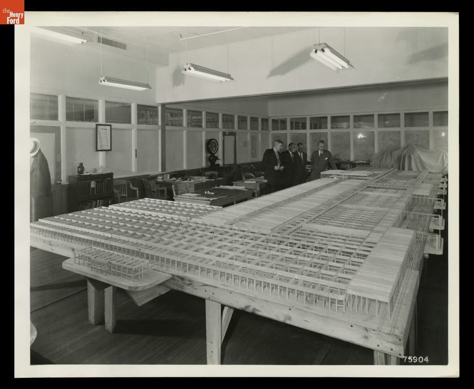 Charles Sorensen and Others Viewing a Scale Model of the Willow Run Bomber Plant, July 1941