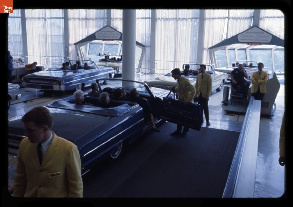 Two Tracks of Automobiles Entering the Magic Skyway Ride in the Ford Pavilion at the New York World's Fair, 1964-1965