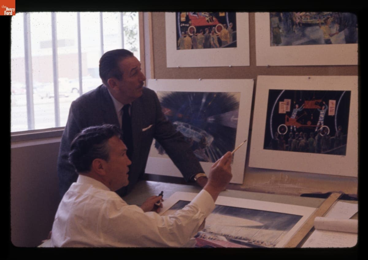 Walt Disney and Artist Herb Ryman with Illustration Proposals for the Ford Pavilion, 1964-1965 New York World's Fair