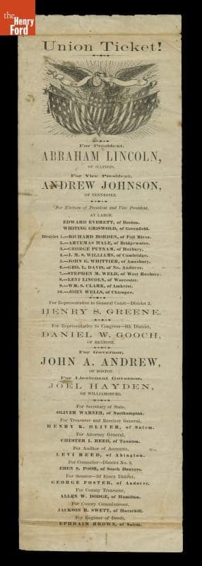 Abraham Lincoln and Andrew Johnson Presidential Election Ballot, 1864