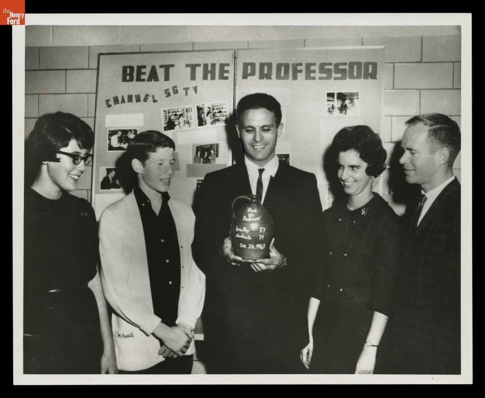 Student and Faculty Contestants from "Beat the Professor" Game Show, School Principal with Trophy, October 24, 1963