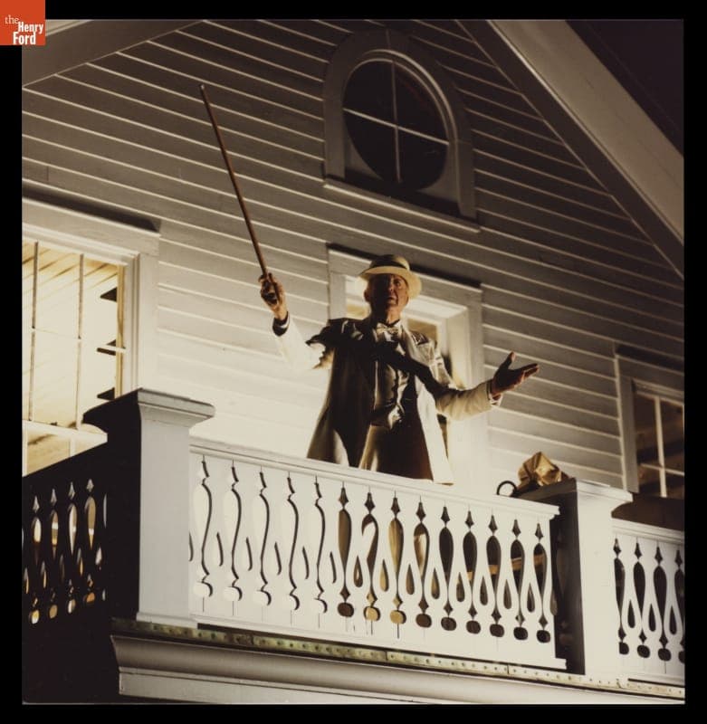 Filming a Laser Show in Greenfield Village for ABC-TV's World of Discovery, Actor on Menlo Park Laboratory Balcony, May 25, 1989