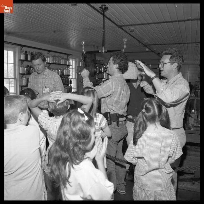 Filming ABC-TV's World of Discovery at Menlo Park Laboratory in Greenfield Village, May 22, 1989