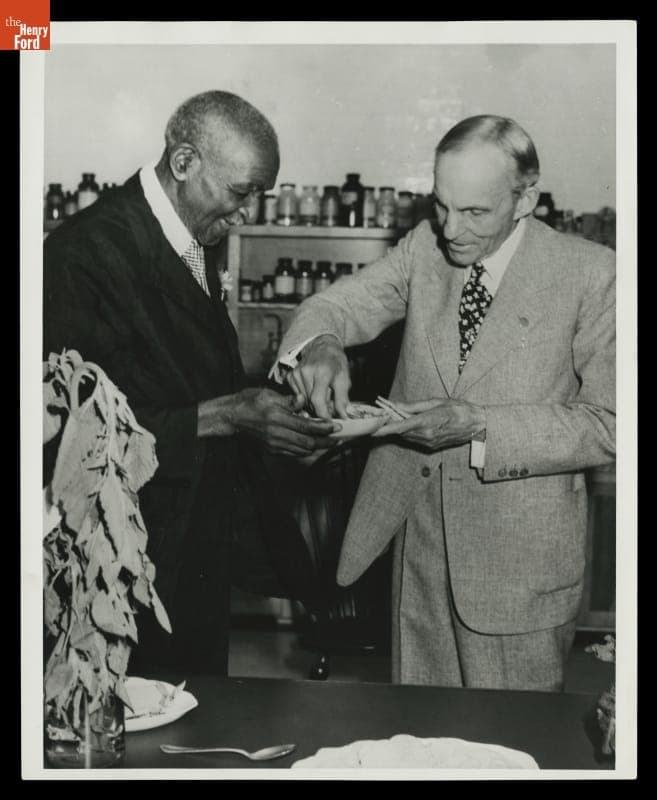 George Washington Carver and Henry Ford at the Carver Nutrition Laboratory, July 1942