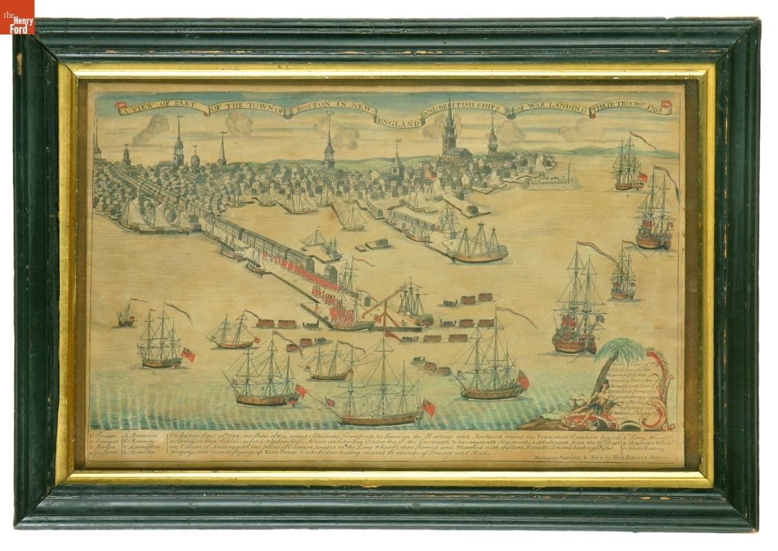 Engraving, "A View of Part of the Town of Boston in New-England and British Ships of War Landing their Troops!," 1768
