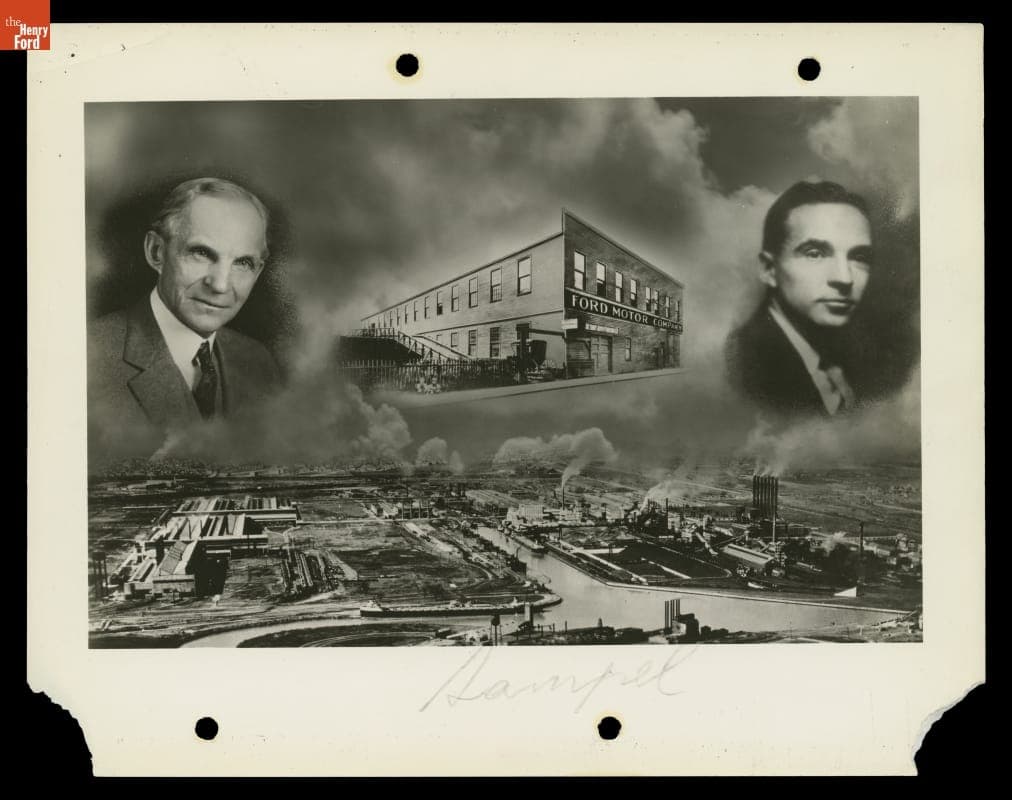 Composite Photograph Showing Henry Ford, Edsel Ford and the Ford Mack Avenue and Rouge Plants, 1934