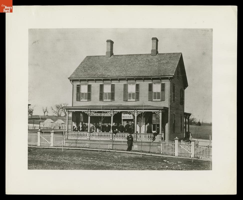Men and Women on the Porch of the Sarah Jordan Boarding House at its Original Site, Menlo Park, New Jersey, circa 1880