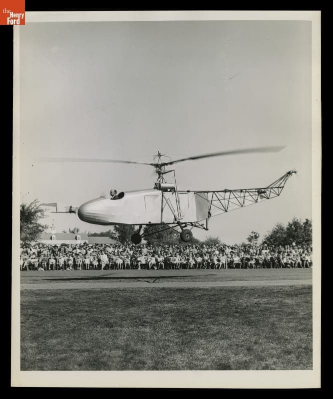 Igor Sikorsky Landing the VS-300 Helicopter before Presenting it to Henry Ford Museum, October 7, 1943