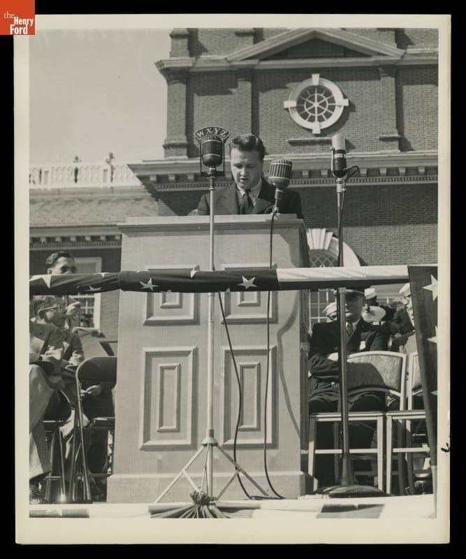 Henry Ford II Speaking during the Presentation of the Vought-Sikorsky VS-300 Helicopter to Henry Ford Museum, October 7, 1943