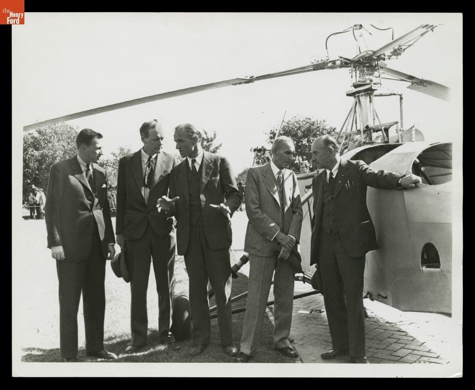 Henry Ford II, Charles Lindbergh, Les Morris, Henry Ford and Igor Sikorsky at the VS-300 Helicopter Presentation, October 7, 1943