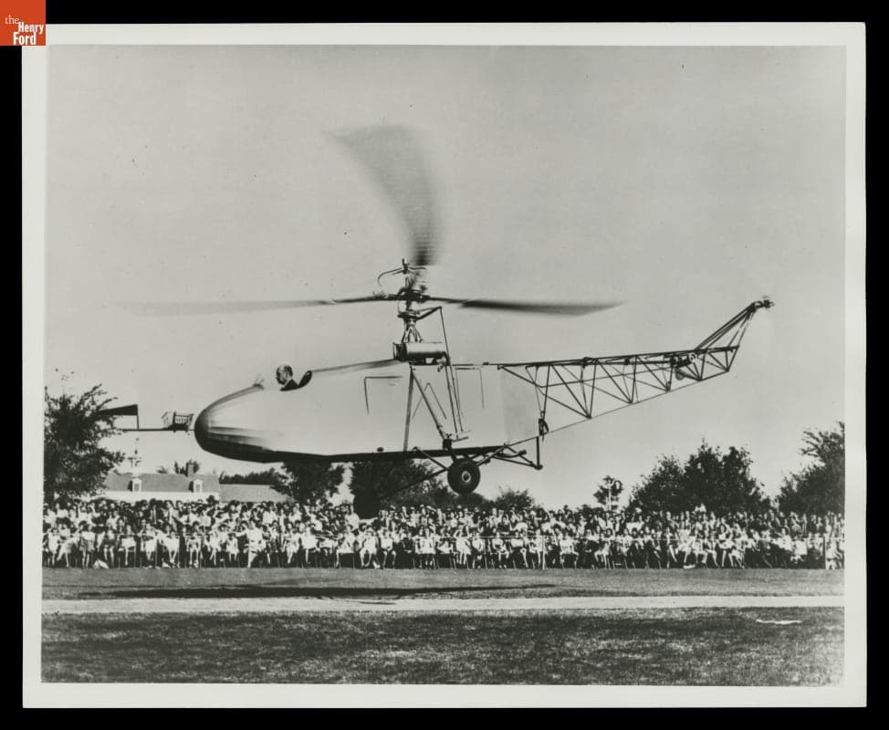 Igor Sikorsky Landing the VS-300 Helicopter at Henry Ford Museum before Presenting it to Henry Ford, October 7, 1943