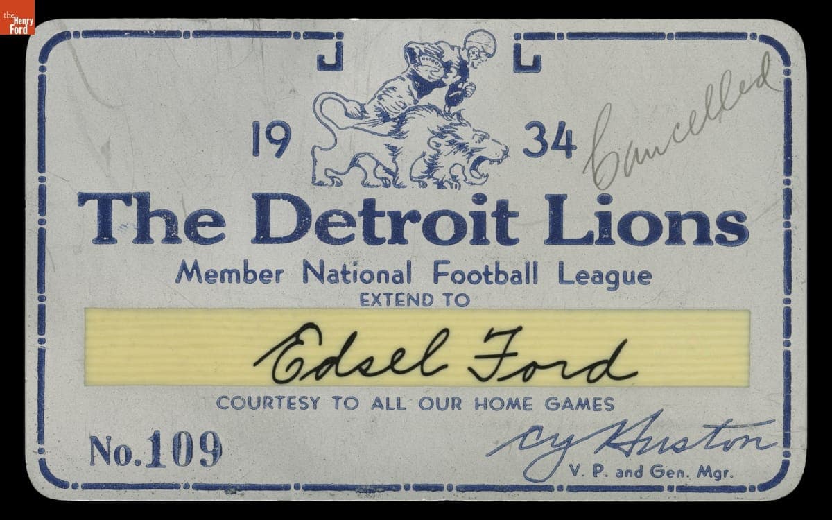 Edsel Ford's 1934 Season Pass for Detroit Lions Home Football Games