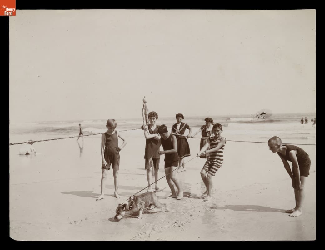 Children with a Dog on the Beach at Far Rockaway, Long Island, New York, circa 1905