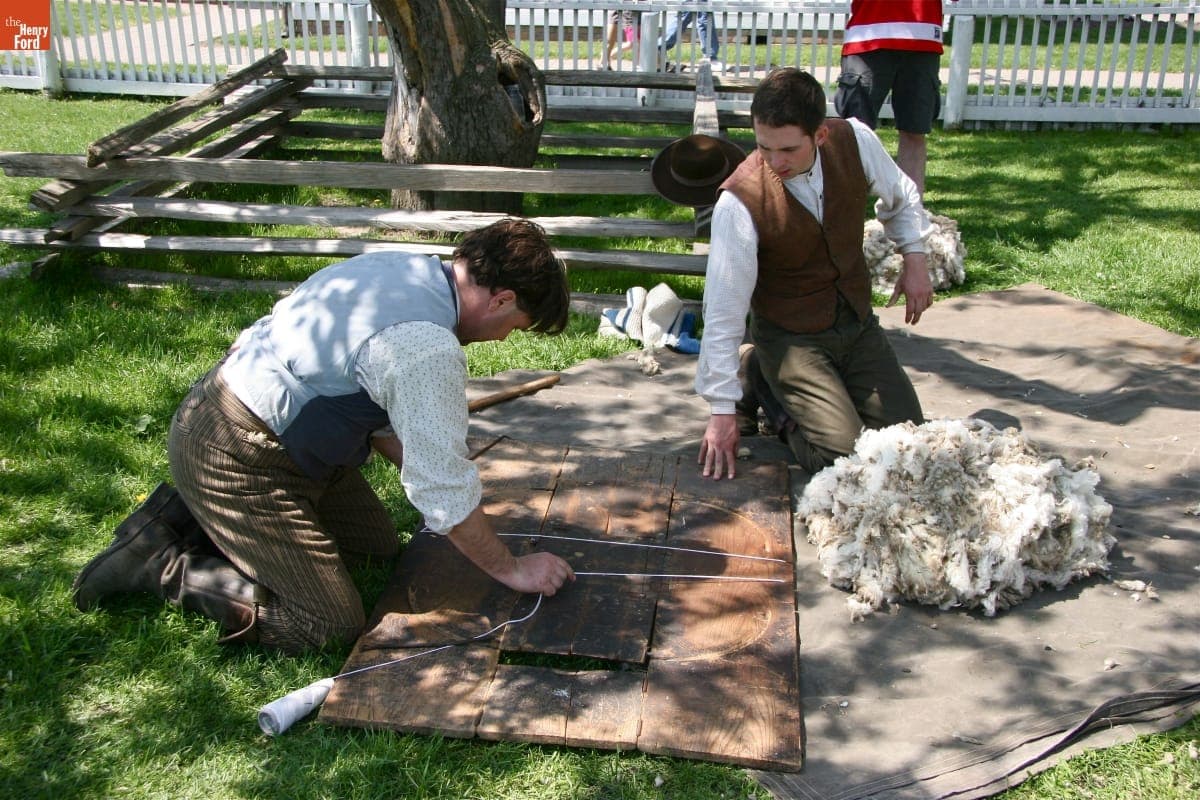 Preparing the Wool Fleece for Weighing, Merino Sheep-Shearing Demonstration at Greenfield Village, April 2010