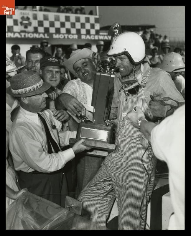 Carroll Shelby Holding Trophy, Winner in Los Angeles Examiner Grand Prix, April 1960