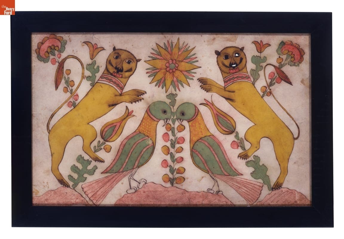 Drawing of Confronted Lions and Birds, 1800-1820