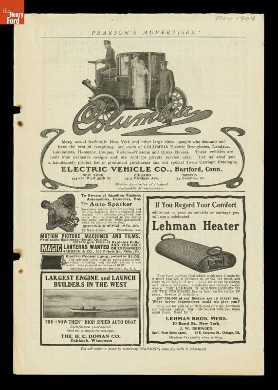 Advertisement from Pearson's Magazine Advertiser for Columbia Electric Vehicle Company, November 1904