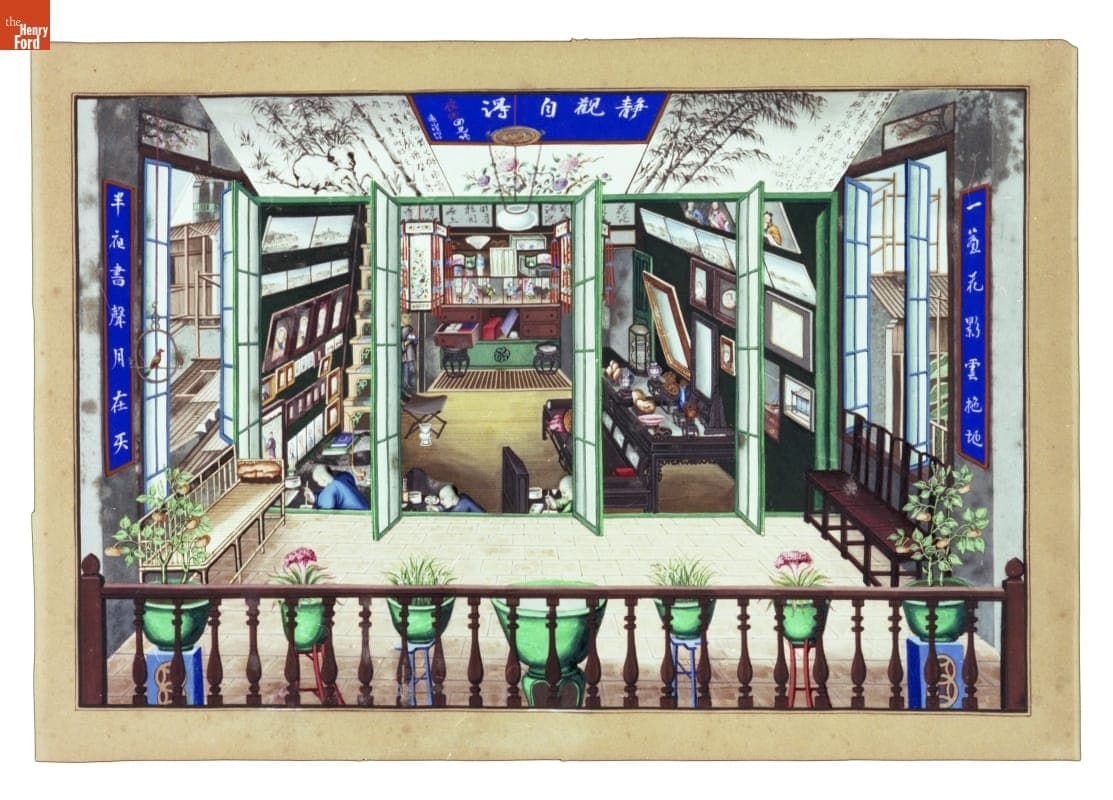 Watercolor Painting, Two Rooms of a Chinese Painter's Studio, circa 1865