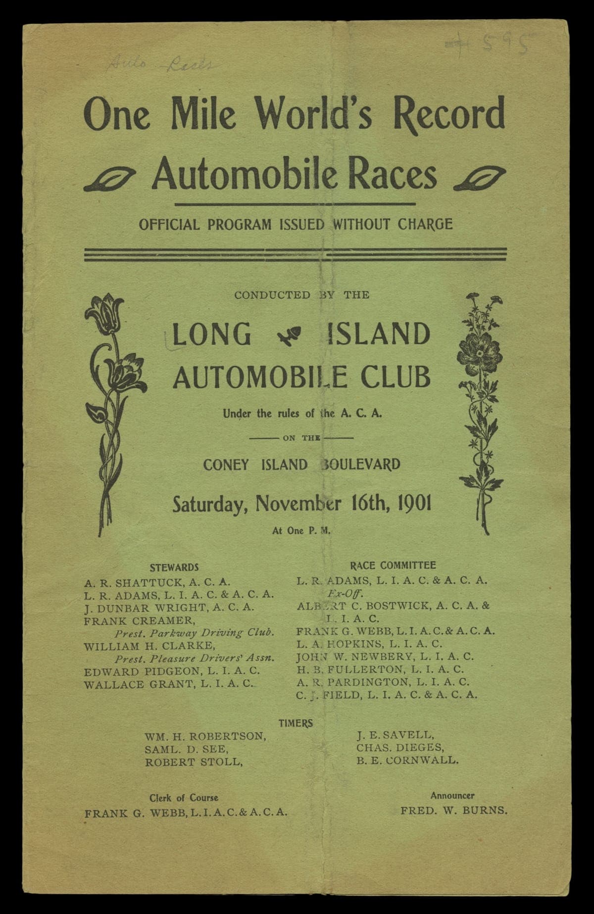 Program for "One Mile World's Record Automobile Races," Brooklyn, New York, November 16, 1901