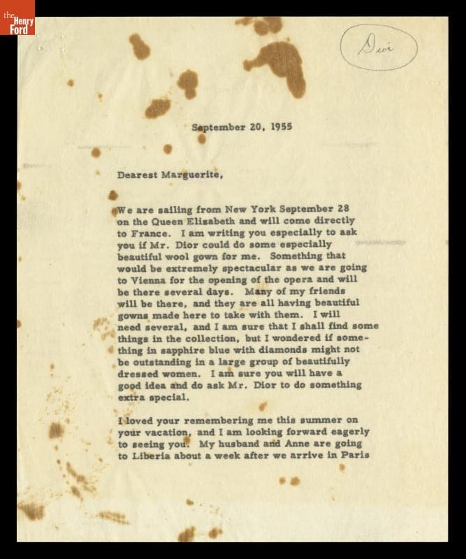 Letter from Elizabeth Parke Firestone to Christian Dior (Through Marguerite Carre), September 20, 1955