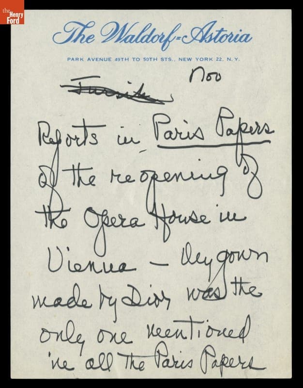 Note by Elizabeth Parke Firestone regarding Her Christian Dior Dress for the Reopening of Vienna Opera House, November 1955