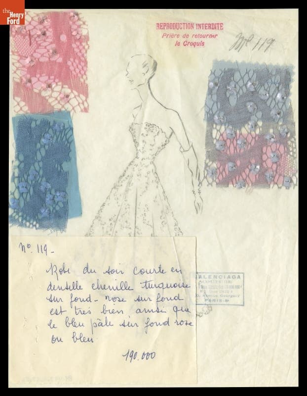 Fashion Design Proposal by Balenciaga for Elizabeth Parke Firestone, 1954