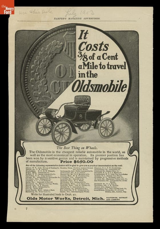 Advertisement, "It Costs 3/8 of a Cent to Travel in the Oldsmobile," 1903