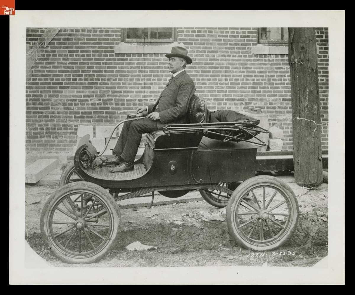 Building Contractor Albert A. Albrecht Seated in 1902 Curved-Dash Oldsmobile, circa 1920