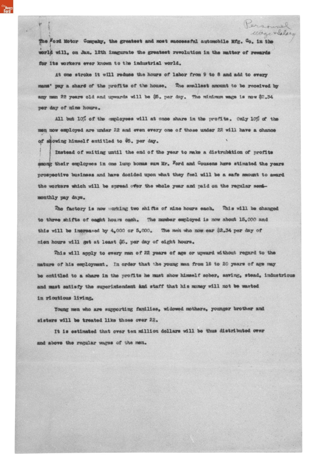 Press Release regarding Work Hours and the Five Dollar Day, Ford Motor Company, January 5, 1914