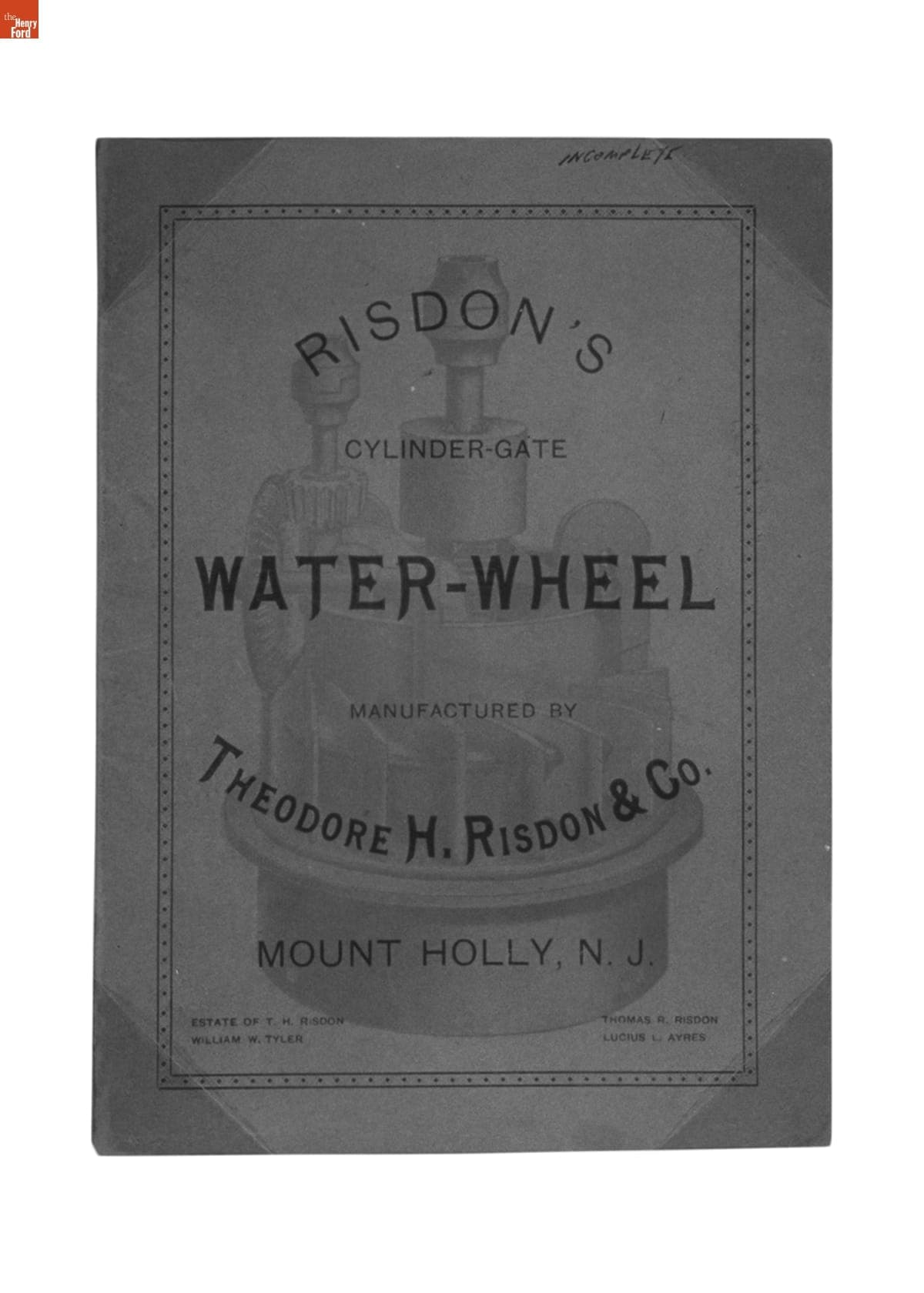 Risdon's Cylinder Gate Water-Wheel Catalog, Mount Holly, New Jersey, circa 1880