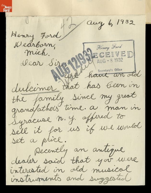 Letter from Harry Tuttle to Henry Ford regarding a Dulcimer, August 6, 1932
