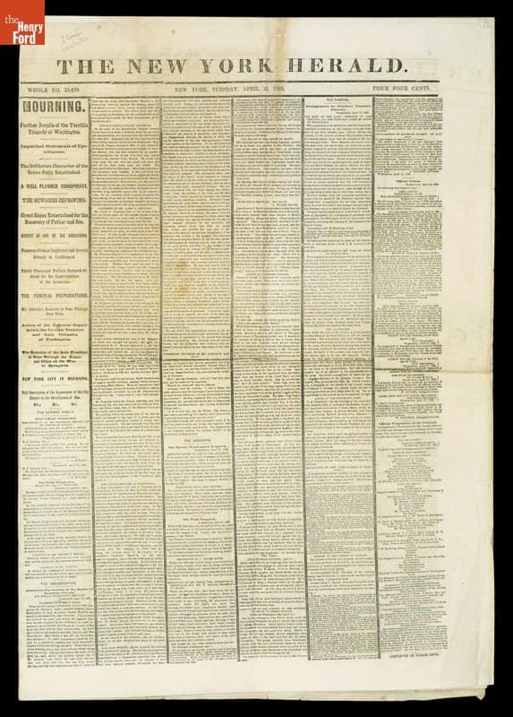 New York Herald Newspaper for April 18, 1865, "Mourning"