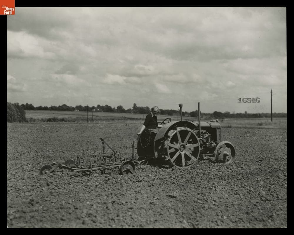 Woman Harrowing a Field at Henry Ford Institute of Agricultural Engineering, England, 1939